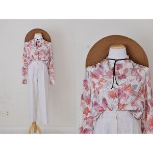 Vintage 80s pink Floral Polyester Button up Blouse by Pykettes size‎ 16